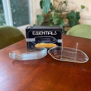 Vintage MCM 70s Set of 4 Essentials Clear Glass Corn Plates in Box